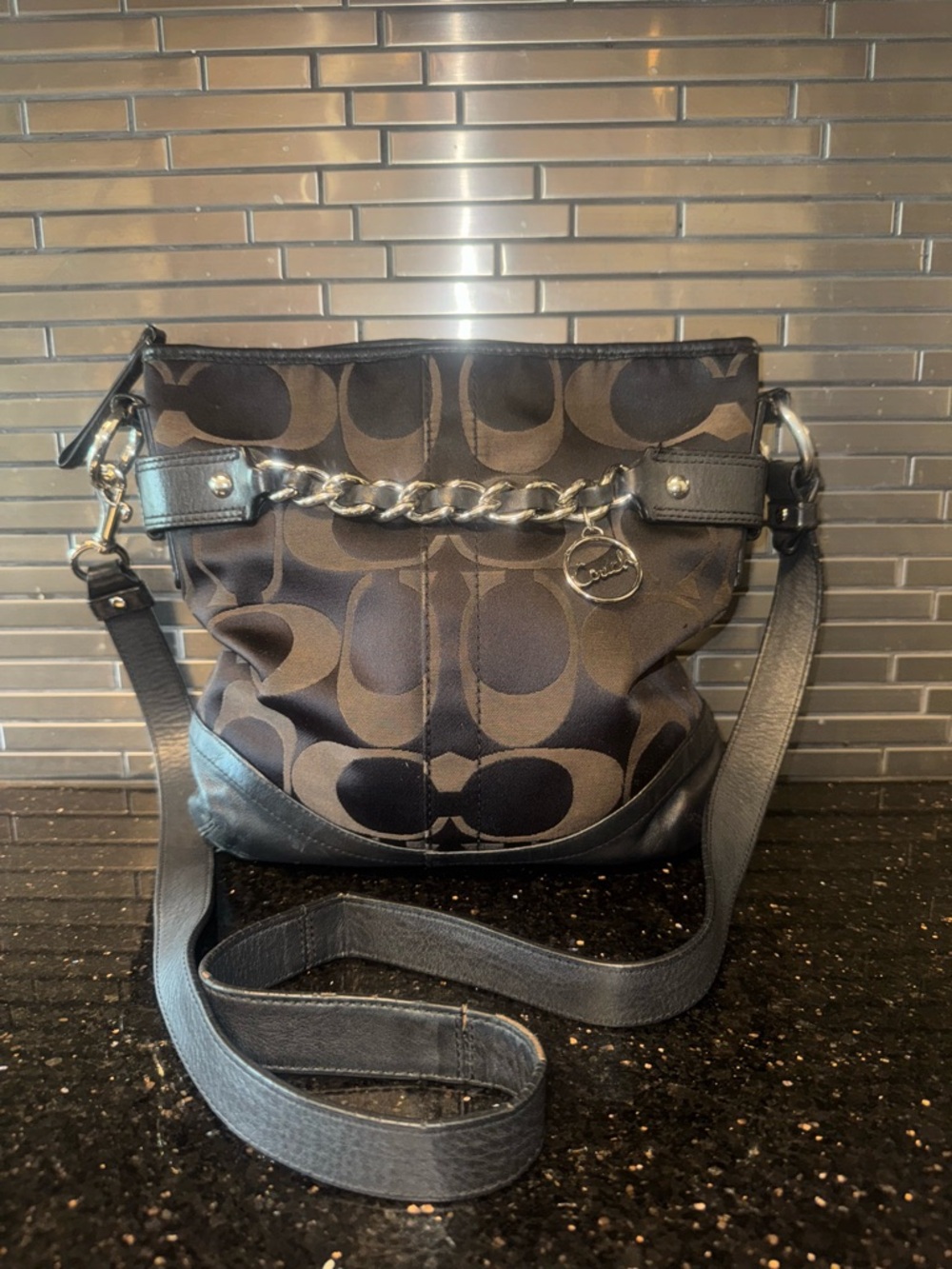 COACH Black Signature Canvas Chain-Accent Crossbody Bag